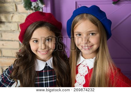 Noble Lady Concept. Girls French Little Kids Smiling Face Posing In Hats. How Wear French Beret. Ber