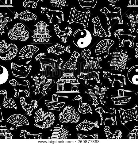 Chinese Zodiac Signs And Celebration Pattern Background. Vector Seamless Design Of Traditional Chine
