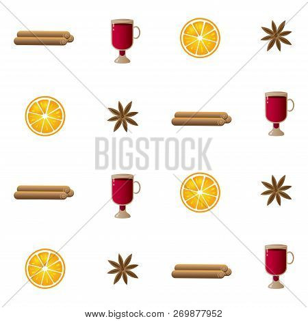 Vector Pattern Illustration With Cinnamon Sticks, Irish Glasses With Mulled Wine, Orange Slices And 