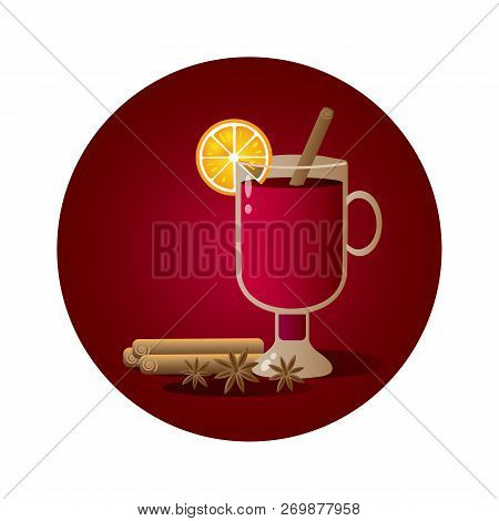 Vector Illustration With Irish Glass With Mulled Wine, Cinnamon Stick, Cardamon And Orange Slice On 
