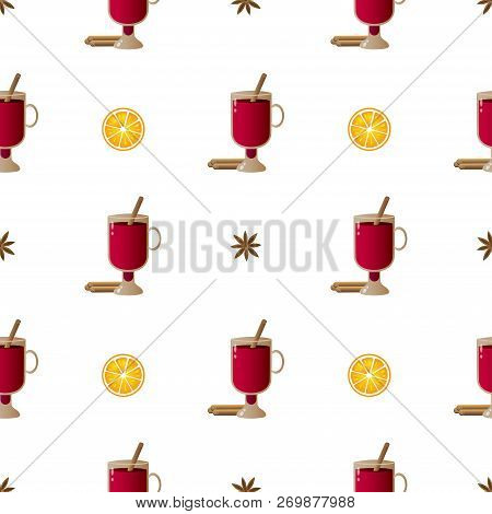 Vector Seamless Pattern Illustration With Composition Of Cinnamon Sticks, Irish Glasses With Mulled 