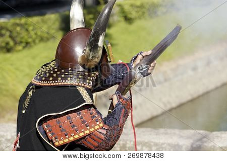 Kagawa, Japan - October 28, 2018: Ancient Firelock Rifle Fighters At Marugame Historical Battle Fest