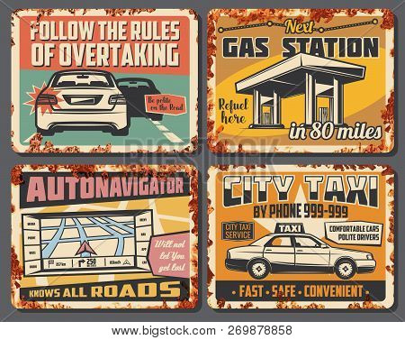 Car Service, City Taxi, Gas Station And Road Accident Signboard. Vector Vintage Design Of Refueeling