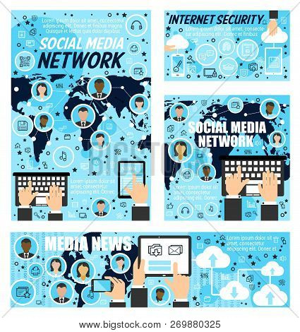 Internet Communication Posters And Ban Ners Of Social Networks And Media News. Vector Design Of Onli