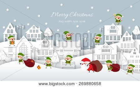 Christmas Snowy Town, White Paper Houses In The Scandinavian Style, Santa Claus And Elves, Lanterns,