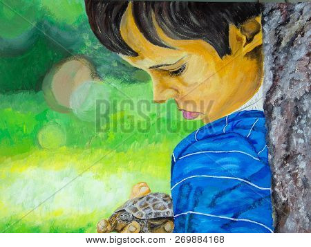 A Sad Little Boy Standing In The Forest Near A Tree And Holding A Turtle In His Hand. Acrylic Painti