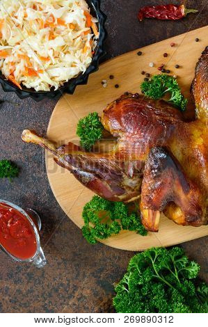 Whole Baked Flattened Chicken With A Golden Crispy Crust. 
