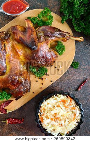 Whole Baked Flattened Chicken With A Golden Crispy Crust. 