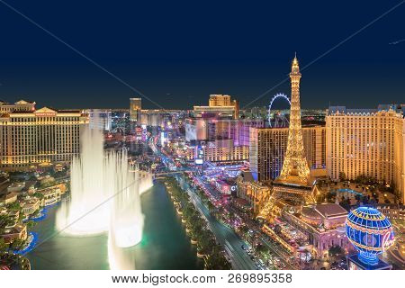 Las Vegas Strip Skyline At Night On July 24, 2018 In Las Vegas, Nevada. Las Vegas Is One Of The Top 