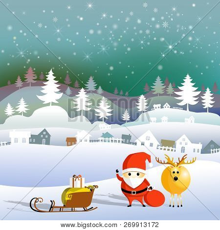 Merry Christmas And Happy New Year, Paper Art Snowflake And Santa With Rein Deer, Mountain And Cloud