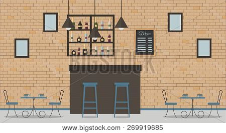 Interior Of Loft Style Cafe Or Bar. Bar Counter, Tables, Different Chairs And Shelves With Alcohol B
