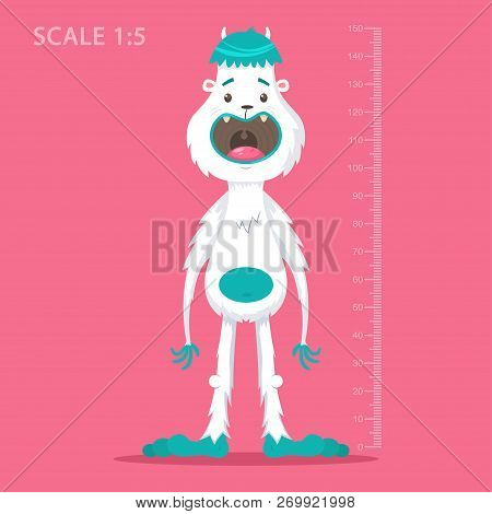 Kids Meter Wall With Funny Cartoon Bigfoot And Measuring Ruler. Vector Illustration Of Cute Yeti Mon