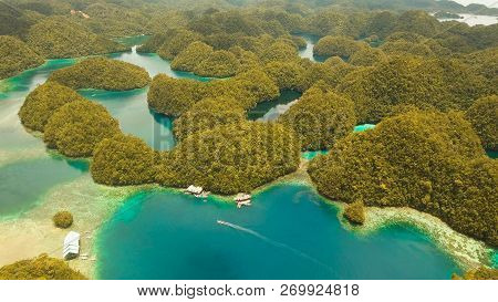 Aerial View: Bucas Grande Island, Sohoton Cove. Philippines. Tropical Sea Bay And Lagoon, Beach. Tro
