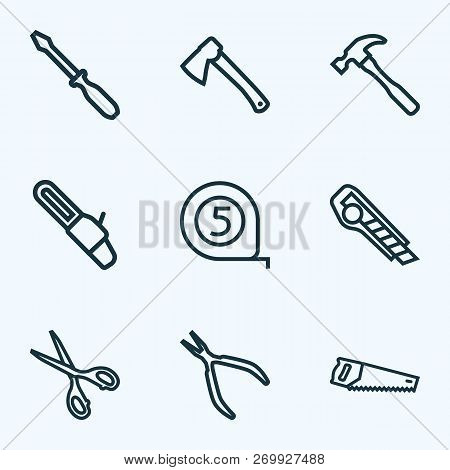 Handtools Icons Line Style Set With Hammer, Hatchet, Scissors And Other Shears Elements. Isolated Ve