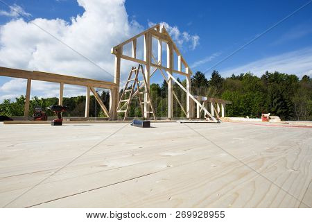New Wall Of Wooden House Under Construction