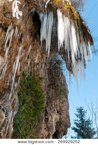 Stalactites in the Caves of Valganna in frosty winter day, province of Varese, Italy