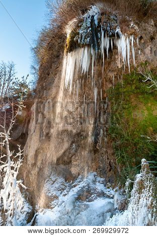 Stalactites in the Caves of Valganna in frosty winter day, province of Varese, Italy