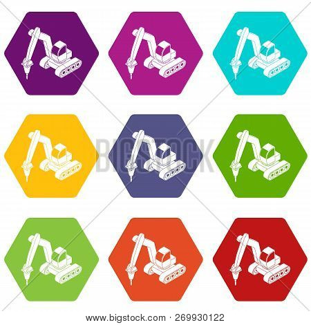 Drill Tractor Icons 9 Set Coloful Isolated On White For Web