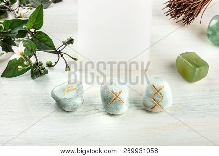 Norse Runes From The Futhark Alphabet, Stones With Symbols Used In Wicca And Other Magic And For Div