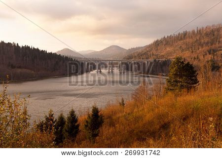 Panoramic view on bridge over the Bajer Lake in Fuzine, Croatia 
