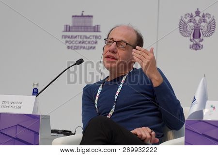 ST. PETERSBURG, RUSSIA - NOVEMBER 15, 2018: Steve Fuller, American philosopher-sociologist participates in discussion during Saint-Petersburg International Cultural Forum
