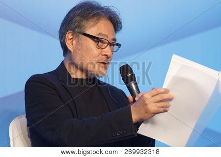 ST. PETERSBURG, RUSSIA - NOVEMBER 15, 2018: Kiyoshi Kurosawa, Japanese film director, scriptwriter, writer, professor gives a lecture during Saint-Petersburg International Cultural Forum