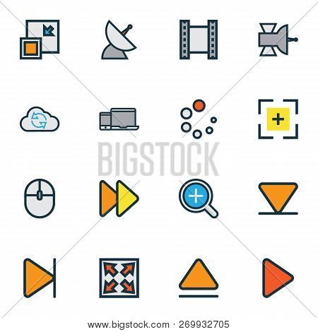 Music Icons Colored Line Set With Magnifier, Eject, Video And Other Begin Elements. Isolated  Illust