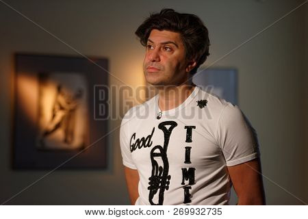 ST. PETERSBURG, RUSSIA - NOVEMBER 15, 2018: Nikolai Tsiskaridze, the principal of the Vaganova Ballet Academy talks with press during Saint-Petersburg International Cultural Forum