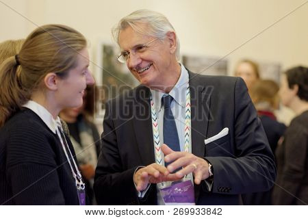 ST. PETERSBURG, RUSSIA - NOVEMBER 16, 2018: Walter Reicher, quartermaster of the Joseph Haydn International Festival in Eisenstadt (center) during Saint-Petersburg Cultural Forum