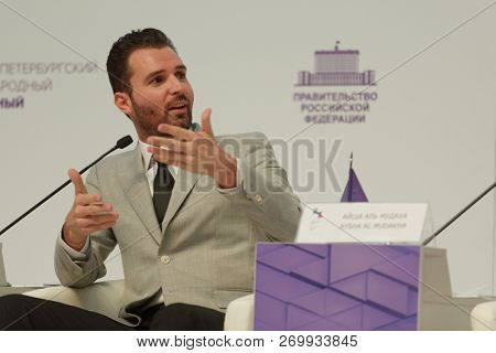 ST. PETERSBURG, RUSSIA - NOVEMBER 16, 2018: Andrea Iervolino, Italian-Canadian film producer and businessman participates in a talk-show during Saint-Petersburg International Cultural Forum