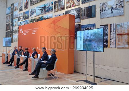 ST. PETERSBURG, RUSSIA - NOVEMBER 17, 2018: Participants of conference dedicated to the research of Melnikov's house in Moscow for its preservation during Saint-Petersburg International Cultural Forum