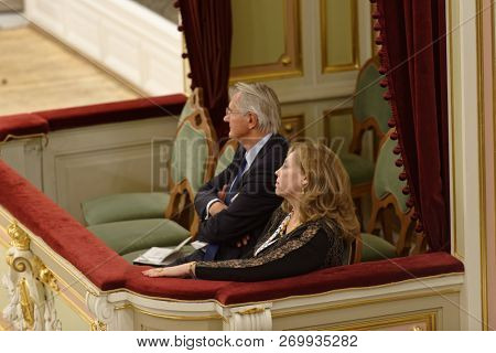 ST. PETERSBURG, RUSSIA - NOVEMBER 16, 2018: Walter Reicher, quartermaster of the Joseph Haydn International Festival in Eisenstadt (leftt) during Saint-Petersburg Cultural Forum