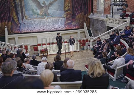 ST. PETERSBURG, RUSSIA - NOVEMBER 16, 2018: Olga Golodets, Deputy Prime Minister of Russia (talking) and Nikolai Tsiskaridze, the principal of the Vaganova Ballet Academy during SPb Cultural Forum