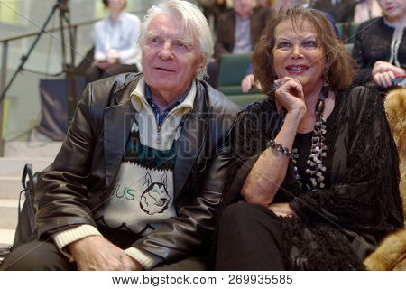 ST. PETERSBURG, RUSSIA - NOVEMBER 17, 2018: Yuri Nazarov (left) and Claudia Cardinale, actors starred in the Red Tent movie during Saint-Petersburg International Cultural Forum