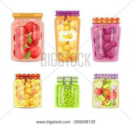 Preserved Fruit And Vegetables Set Vector Illustration. Tomato And Peach, Plum And Apricot, Peas And