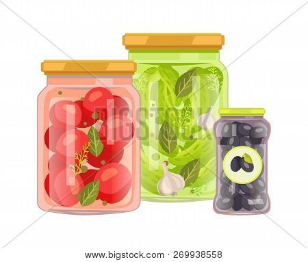Preserved Vegetables Vector Illustration. Pickled Cucumber, Tomato And Black Olive In Brine With Spi