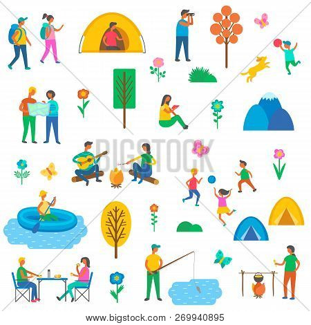 Camping On Nature Isolated Icons Set Vector. People Holding Map, Children Play With Ball And Dog, Ma