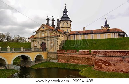 Old Nesvizh Castle Palace And Castle Complex In Nesvizh, Belarus. Known Since 1583. Panorama Of Two 