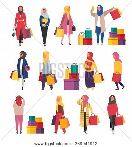 Shopping Muslim Women With Bags. Vector Sale Illustration