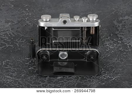 Moscow, Russia, February 06, 2018. The Old Film Camera Zarya, Brown Body, Released1961 On The Backgr