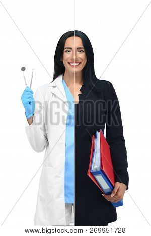 Smart Girl In Two Occupations Of Dentist And Businesswoman Isolated On White Background. One Half De