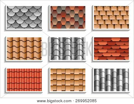 Set Of Seamless Roof Tiles Textures. 3d Patterns Of Rooftop Materials