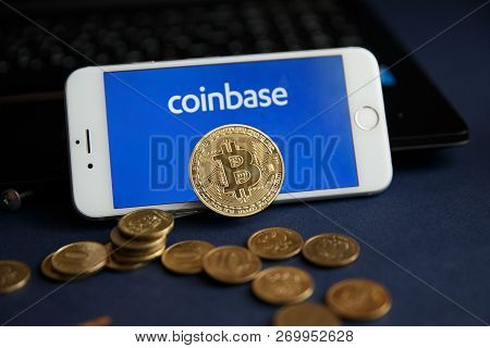 Tula, Russia - August 28, 2018: Coinbase - Buy Bitcoin And More, Secure Wallet Mobile App On The Dis