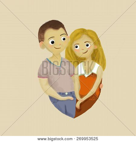 Couple In Love Boy And Girl, Man And Woman With Tenderness Look At Each Other And Hold Hands Eyes To