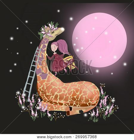 Child Girl Wanted To Repaint The Giraffe In Pink Color, Smells Lavender Flowers Brush And Paint In H