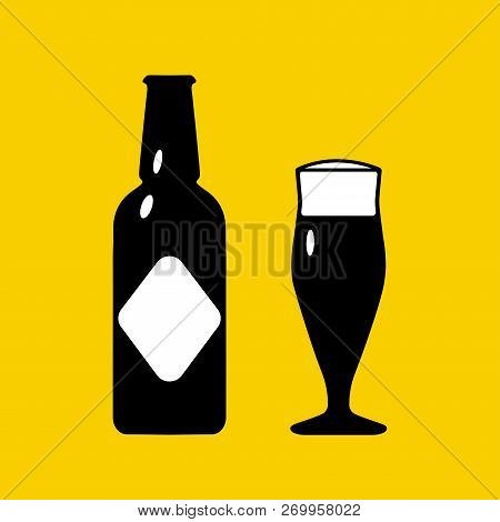 Vector Illustration Icons Of Bottle And Glass. Black Silhouette On A Bright Yellow Background. Brew,