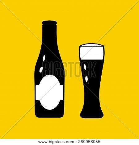 Vector Illustration Icons Of Bottle And Glass. Black Silhouette On A Bright Yellow Background. Brew,