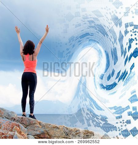 Woman Controls The Augmented Reality Screen In The Future. The Concept Of The Digital World And The 