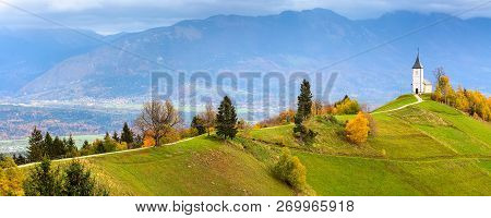 Autumn Panorama With Saints Primus And Felician Church On Top Of Hill In Slovenian Countryside