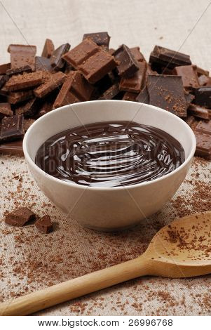 Chokolade creme skål og skeen.  Chokolade creme skål og stykker.